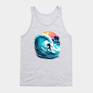 Surfer Girl Surfing A Big Wave At Sunset Beach Summer Vacation Surfing Tank Top